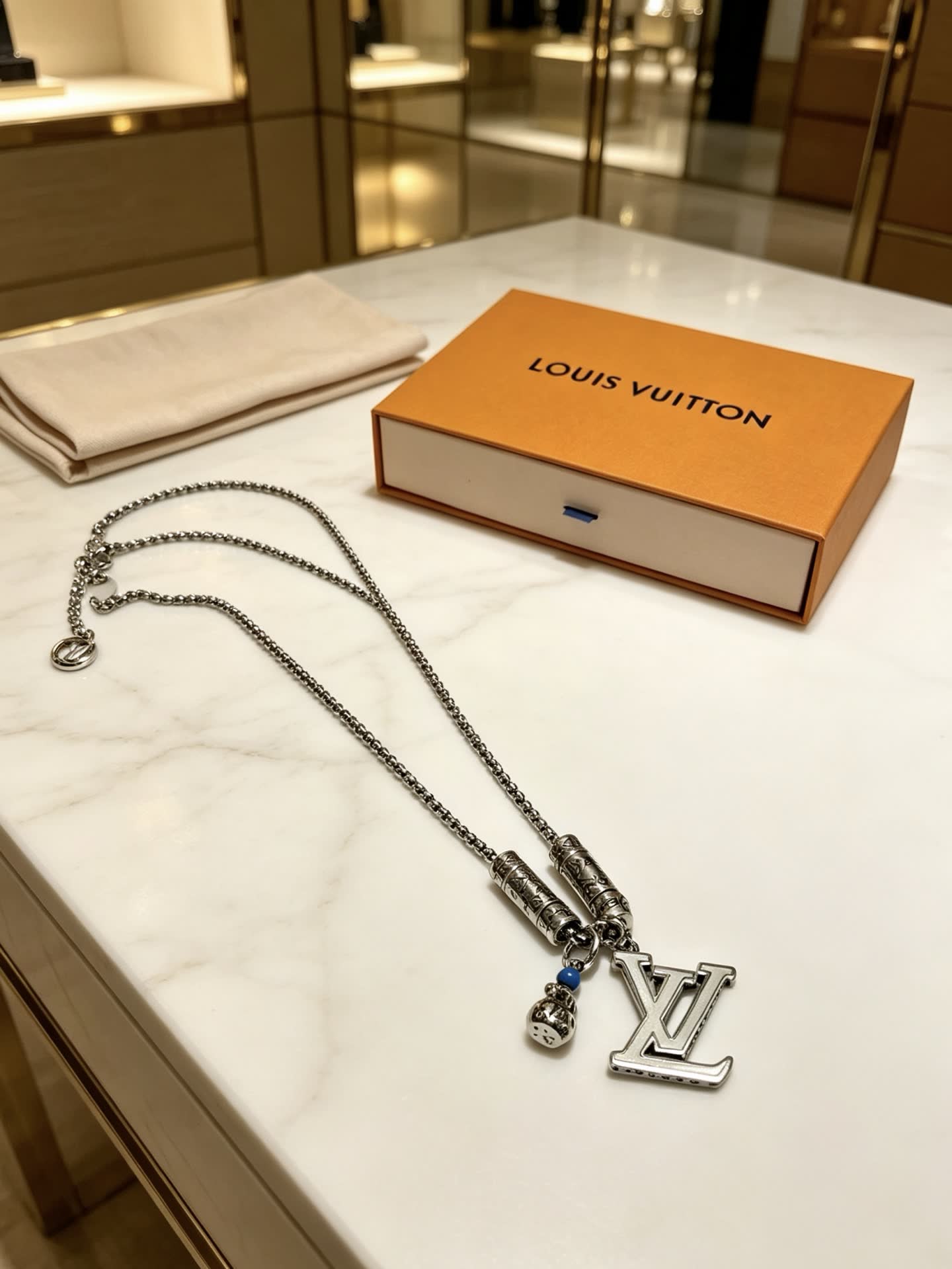 Louis Vuitton Silver Tone Chain Necklace with LV Logo and Charms